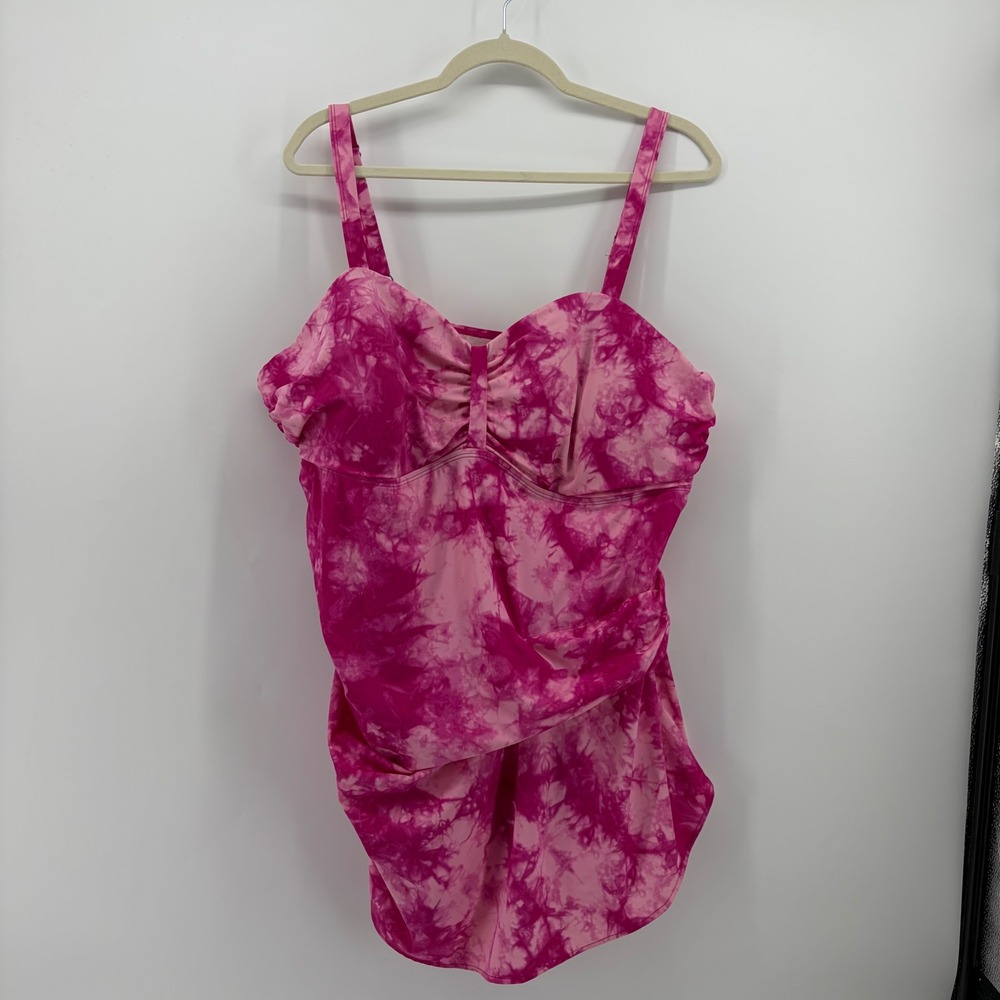 Denim & Co Beach Womens 26W Pink Tie Dye Swim Dress Ruched Sweetheart One Piece